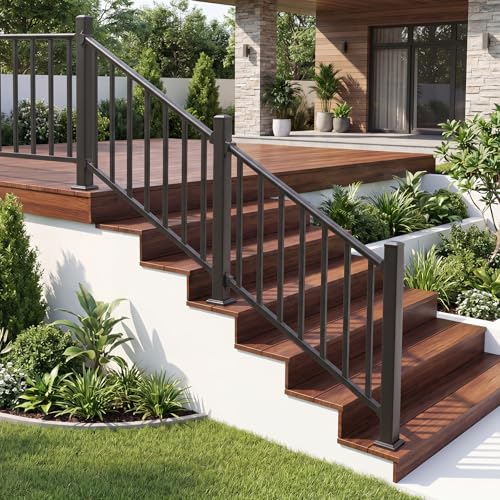 Aluminum Deck Railing Kit, Modular 36 in H. x 5 Ft W Stair Railing Kit for Outdoor Steps,Heavy Duty Balustrade System for Deck, Porch, Patio & Balcony(1 Post, 1 Panel) - size: 5 Feet-Stair