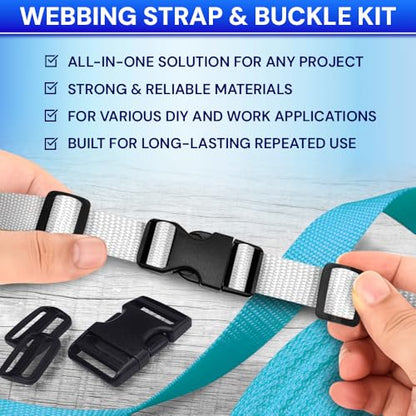 TECEUM 3/4" Nylon Strap Kit with Buckles, White 6 yards Repair Set | Heavy duty hardware kit: 6yd webbing, 6 quick release buckles, 12 tri-glide slide clips, 6 metal D-rings for crafting. - color: White, size: 3/4" - 6 yards, style: 6 Buckle - 12 Slides -