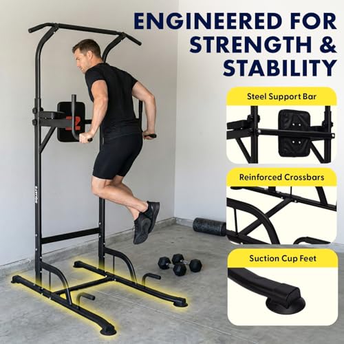 SQUATZ Power Tower Pull Up Station with Free Standing Pull Up Bar, Multi-Grip Workout Frame with 6 Adjustable Heights, H-Base Stability, Steel Construction, 330 lb Capacity for Home Gym, Black