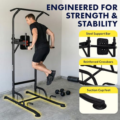 SQUATZ Power Tower Pull Up Station with Free Standing Pull Up Bar, Multi-Grip Workout Frame with 6 Adjustable Heights, H-Base Stability, Steel Construction, 330 lb Capacity for Home Gym, Black