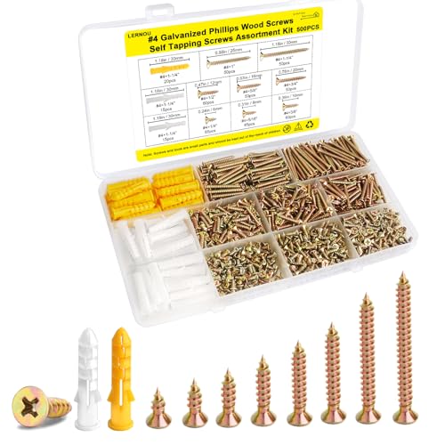 #4 Wood Screws Assortment Kit, Small Screws Set 500pcs, Short Cabinet Screws, Phillips Flat Head Self-Tapping Screws, Carbon Steel, Yellow Zinc Plated Finish, Contains 50pcs M6 Screw Anchors - color: Yellow, size: #4-500pcs