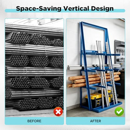 Vertical Bar Rack, Heavy Duty Rack for 3000LBS Capacity, Lumber Storage Shelfs Rack with Safety Chain, Carbon Steel Standing Pipe Rack Shelf Organizer for Warehouse Garage Workshop Factory