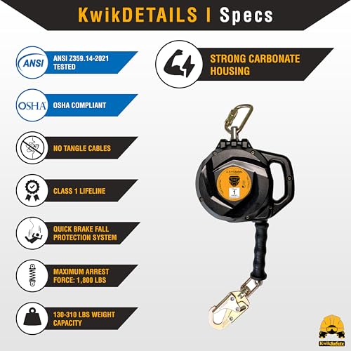KwikSafety - Charlotte, NC - Mamba 33’ Self Retracting Lifeline [Carbonate + Integrated Handle] Class 1 Cable SRL ANSI OSHA Retractable Fall Arrest Safety Roofing Construction Gear - size: 1 Count (Pack of 1)