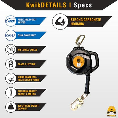 KwikSafety - Charlotte, NC - Mamba 50’ Self Retracting Lifeline [Carbonate + Integrated Handle] Class 1 Cable SRL ANSI OSHA Retractable Fall Arrest Safety Roofing Construction Gear - size: 50FT