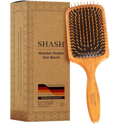 SHASH Since 1869 Made in Germany Wooden Paddle Brush - Gently Detangles, Styles, Conditions Hair with Minimal Frizz and Breakage - Safe for All Hair Types, Wet or Dry - Eco-Sourced Wood - size: Medium