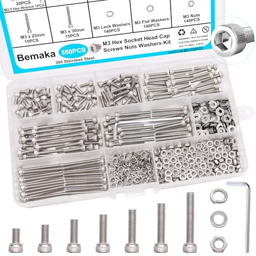 550PCS M3 Screw Kit, M3 x 6/8/12/16/20/25/30mm Hex Socket Head Cap Screws Bolts Nuts Washers Assortment Kit, 304 Stainless Steel Metric Bolts with Hex Wrench - size: SS M3 x 6/8/12/16/20/25/30mm, style: Socket Head