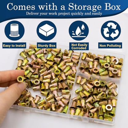 190Pcs M4 Rivet Nuts, Metric Zinc Plated Finish Carbon Steel Flat Head Threaded Insert Nutsert Kit - color: Yellow, size: Metric M4 - 190 Pcs