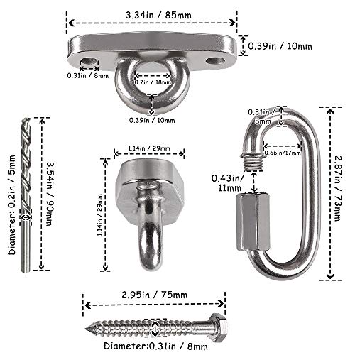 Of2 Heavy Swing Hangers Stainless Steel 304 Rust-Proof Playground Porch Yoga seat Hanger Swing Hammock Chair Suspension kit Indoor and Outdoor 2000 pounds Capacity 2 carabiners - color: Silver-2