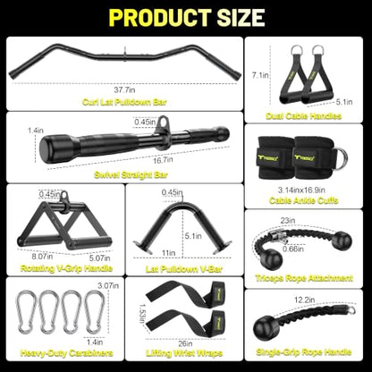 Cable Attachments for Gym, LAT Pulldown & Cable Machine Attachment Set: V-Shaped Bar, Rotating Straight Bar, V Rotation Handle, Nylon Tricep Rope, Ankle Straps & Handles, Home Gym - size: Long Bar Set