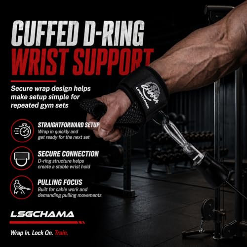 Weight Lifting Straps with D Rings, Cuffed Wrist Support for Deadlifts, Pull-Ups and Cable Machine Workouts, Padded Gym Lifting Straps for Men and Women, Black