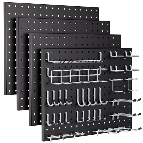 INCLY 70PCS Pegboard Wall Organizer Kit with Metal Panels and 1/4" Hooks | Black, 4PCS Peg Board Panels, 66PCS 1/4" Pegboard Hooks Accessories Kit, For Walls Home, Garage Tool Storage - color: Black Pegboard with hooks, size: 4pcs-12"x16" with hooks