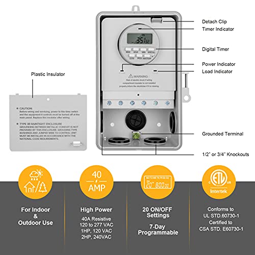 SURAIELEC Digital Pool Timer, 7-Day Programmable Digital Timer Switch, 40 AMP, 2HP, 120, 240, 277 VAC, Outdoor Indoor Heavy Duty Controller Box for Pool Pump, Water Heater, Lights, Powerful Appliances - style: 120-277VAC 1-2HP