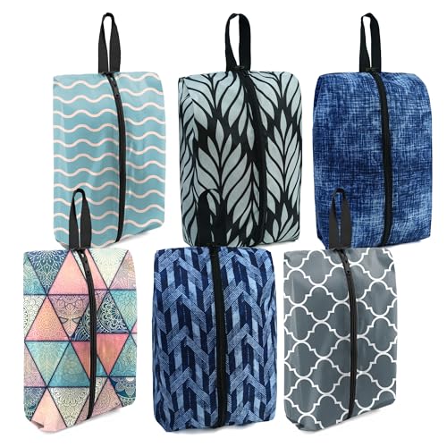 BeeGreen Shoe Bags 6 Pack Geometry Design for Travel with Handle as Packing Organizers for Suitcase and Luggage | Portable Nylon Storage Accessories for Vacations, Essential Gifts for Women and Men - color: Grey white, light blue, black and white, purple