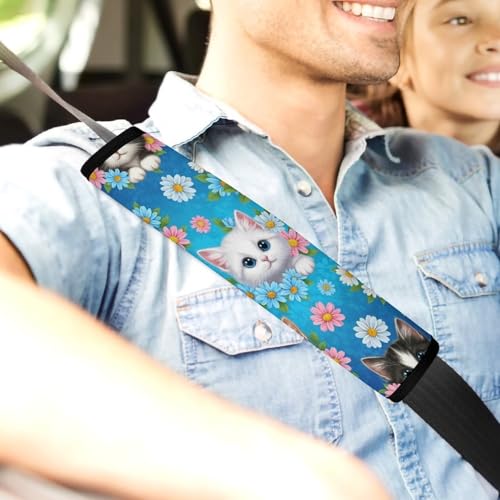 2PCS Breathable Seat Belt Cover for Adults and Children, Most Cars, Animal Blue Flower Cute Kitten Cats Shoulder Harness Cover, Shock Absorption - color: Pattern 322