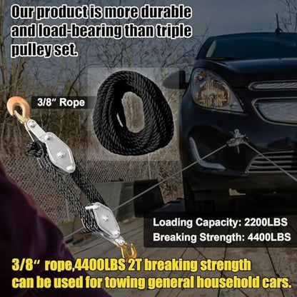 Hoist Pulley System Multifunctional 2200 LBS Breaking Strength | 3/8 Rope for Lifting Hoisting Rigging Garage Shop Hunting Farm Construction Industrial Warehouse Marine Overhead Recovery - color: Black..