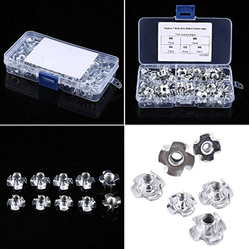 Four-Pronged T Nut Kit, 90pcs Carbon Steel M3/M4/M5/M6/M8 Four Pronged T Nuts Blind Inserts Nut Four Claw Nuts Assortment Kit for Wood Furniture Rock Climbing Holds Cabinetry