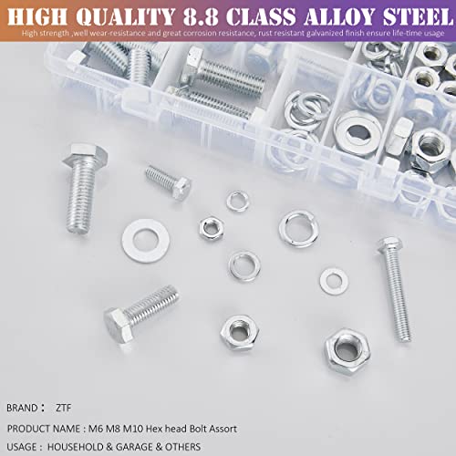 ZTF 188PCS M6 M8 M10 Hardware Nuts and Bolts Assortment Kit, Heavy Duty Metric Machine Screws Nuts Washers, 9 Most Common Sizes Zinc Alloy Steel Grade 8.8 (M6 M8 M10 Kit) - style: silver-M6 M8 M10 Hex Bolts