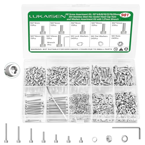 981 Pcs M2 Hex Socket Cap Screws Nuts Washers Wrench Kit, 304 SS | with Flat & Spring Washers & Wrench, for RC Cars, Drones & PC Repair, M2 x 4/6/8/10/12/16/20mm,Clear Label Storage Box - size: SS M2 981pcs 3