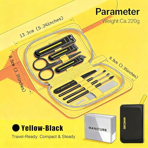 9-in-1 Manicure and Pedicure Kit for Men & Women, Travel Nail Clipper Set with Stainless Steel Tools & Glass Nail File, Portable Grooming Kit in PU Leather Case, Personal Care Gift - color: Yellow-Black
