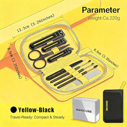 9-in-1 Manicure and Pedicure Kit for Men & Women, Travel Nail Clipper Set with Stainless Steel Tools & Glass Nail File, Portable Grooming Kit in PU Leather Case, Personal Care Gift - color: Yellow-Black