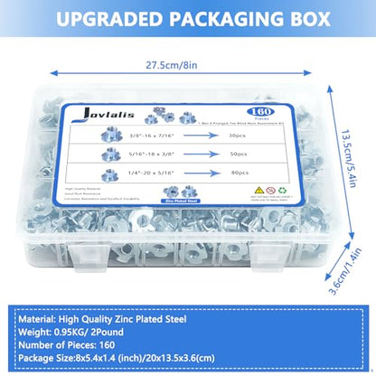 T Nuts 1/4"-20, 5/16"-18, 3/8"-16, Jovlalis 160 pcs Zinc Plated Steel T-Nut 4 Pronged Tee Blind Nuts Assortment Kit for Wood, Rock Climbing Holds, Cabinetry, Furniture