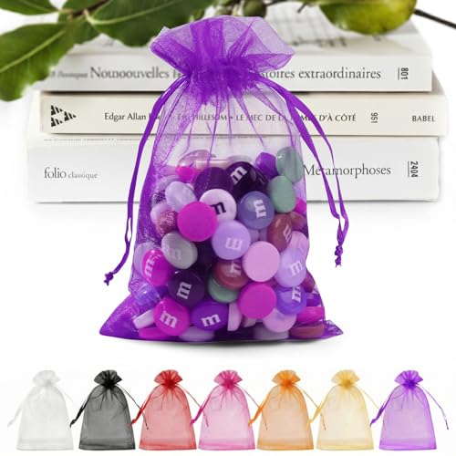 ANZNKU 50 PCS Organza Bags 5 x 7, Purple Small Mesh Gift Bags Drawstring | Sheer Goodie Sachet Pouches for Wedding Party Favors Baby Bridal Shower & Halloween, Use for Candy Jewelry Soap Treats Makeup - color: Purple