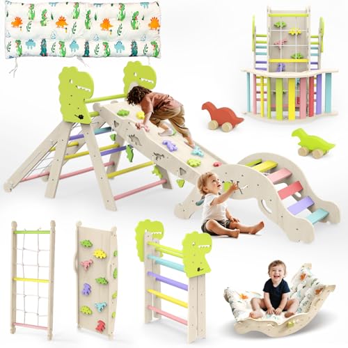 12 in 1 Pikler Triangle Set with Cushion, Montessori Toddler Climbing Toy | Wooden Indoor Climbing Gym, Rope Ladder, Shape Sorter, Push Car, Baby Activity Toy, Motor Skills Development, Dinosaur Design