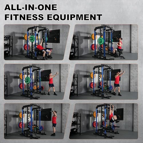Smith Machine, 2600LBS Squat Rack, 7-in-1 Home Gym Cage with Adjustable Safety Bars, Pull-Up & LAT Pulldown - color: Blue, size: P107 Smith Machine with Pulleys