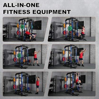 Smith Machine, 2600LBS Squat Rack, 7-in-1 Home Gym Cage with Adjustable Safety Bars, Pull-Up & LAT Pulldown - color: Blue, size: P107 Smith Machine with Bench