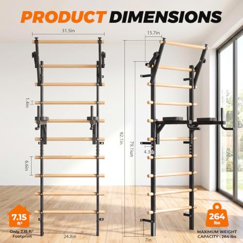 LIFERUN Swedish Ladder Wall Gym with Adjustable Pull-Up & Dip Bar | 92" Solid Beechwood, 264Lbs Capacity, Wall Mounted 9 Anchor Rods, Ideal for Home, School, Therapy & Gymnastics Training