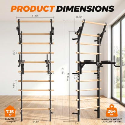 LIFERUN Swedish Ladder Wall Gym with Adjustable Pull-Up & Dip Bar | 92" Solid Beechwood, 264Lbs Capacity, Wall Mounted 9 Anchor Rods, Ideal for Home, School, Therapy & Gymnastics Training