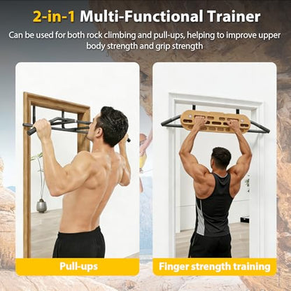 2 in 1 Hang Board Rock Climbing Hangboard with Door Way Pull Up Bar, Multifunctional, Including Jugs, Pinches, Pockets, Edges & Slopes, Fit for Rock Climbing Training & Pull-Ups