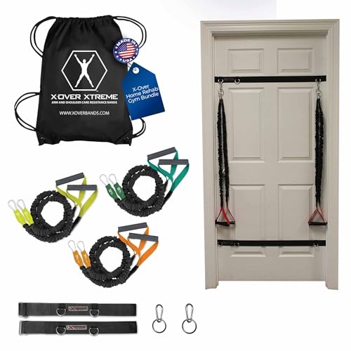 X-Over Home Rehab Gym Bundle Resistance Bands with Clip & Ring Set, Door Anchor Straps & Carry Bag for at-Home Shoulder & Arm Care, Strengthening, Reduce Pain, Injury Prevention, & Recovery - size: Level 2