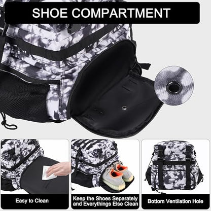 LHI Military Tactical Backpack for Men and Women 45L Army 3 Days Assault Pack Bag Large Rucksack with Shoe Compartment - color: 1.6 Black and White