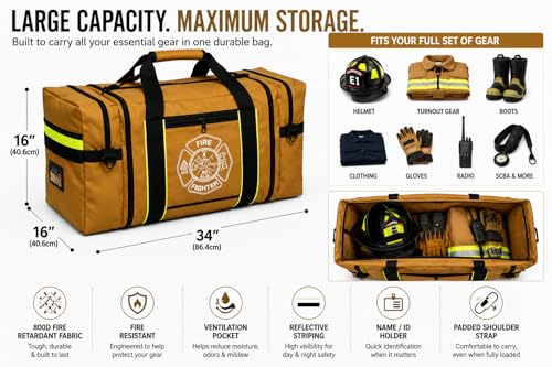 Firefighter Turnout Gear Bag – Heavy Duty Fire Resistant Equipment Duffel with Ventilation Pocket, Reflective Striping, Name Holder & Padded Shoulder Strap – Fireman Gear Bag (Khaki)