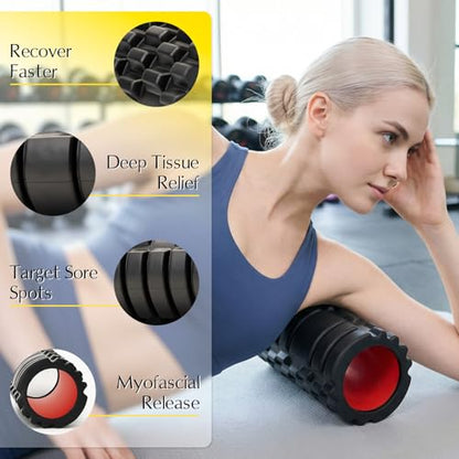Foam Roller 13" High-Density Deep Tissue for Muscle Recovery | Patented Muscle Roller for Muscle Massage and Myofascial Trigger Point Release Back Roller for Fitness, Yoga, Pilates, Black - color: Black