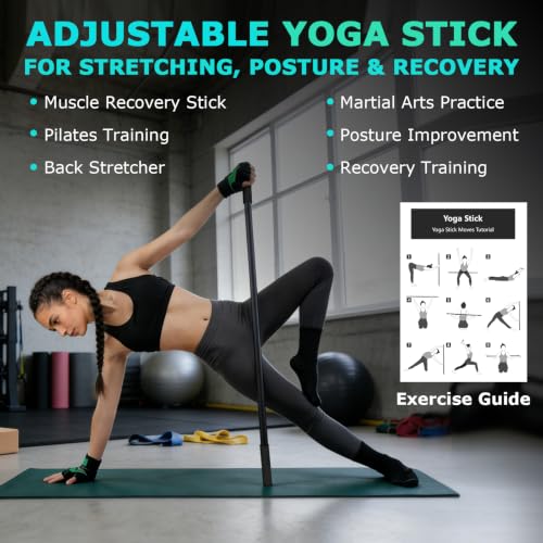 5ft Adjustable Yoga Stick, Non-Slip Multi-Functional Mobility Fitness Stick with Exercise Guide for Stretching, Physical Therapy, Pilates,Muscle Recovery，Home Workout