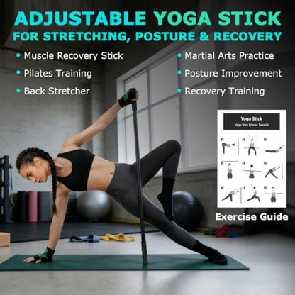 5ft Adjustable Yoga Stick, Non-Slip Multi-Functional Mobility Fitness Stick with Exercise Guide for Stretching, Physical Therapy, Pilates,Muscle Recovery，Home Workout