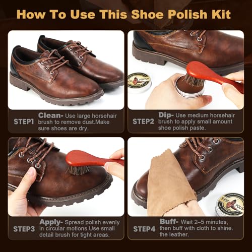 16-in-1 Shoe Polish Kit, Leather Shine Care Cleaning Kit, Black Brown Neutral Shoe Polish, Saddle Soap Mink Oil for Boots, 3 Horsehair Brushes, Sponges, Cloth with Travel Bag, Gift for Men Women