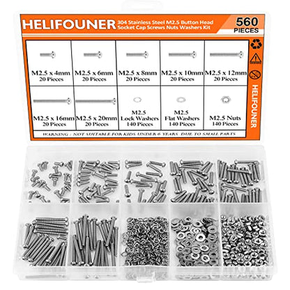 HELIFOUNER 560 Pieces M2.5 x 4mm /6mm /8mm /10mm /12mm /16mm /20mm, Button Head Socket Cap Screws Bolts Washers Nuts Kit, 304 Stainless Steel - size: M2.5, style: Button Head Socket Cap