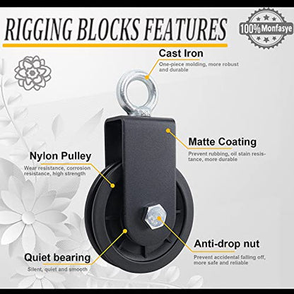 Silent Pulley 360 Degree Rotating Gym Cable Pulley Equipment Wheel with Hanging Straps and Carabiner 3.54 in Snatch Rigging Blocks Pulley Cable Machine Attachment DIY Attachment Lifting Blocks