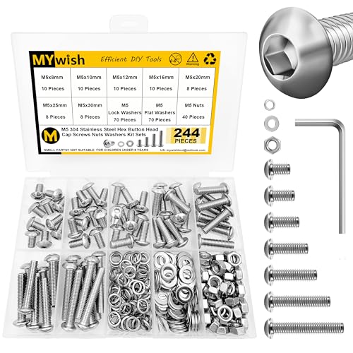 Mywish 244Pcs M5 Screw Metric Screw Assortment Kit 304 Stainless Steel Button Head Socket Cap Metric Screws Bolts, Spring Lock & Flat Washers/Nuts/Hex Wrenches M5*8/10/12/16/20/25/30mm - color: SIiver, size: 244Pcs M5