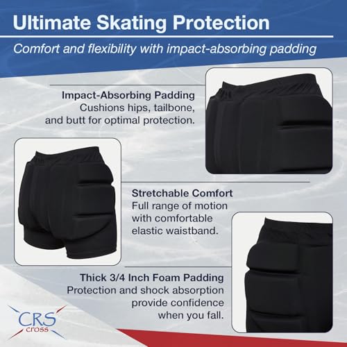 CRS Cross Padded Figure Skating Shorts. Crash Pad Pants for Hip / Tailbone | ¾” Padded Shorts for Roller, Inline, Ice Skating, Snowboarding and Skiing. Fall Impact Protection for Butt, Hips & Tailbone - size: Youth Large