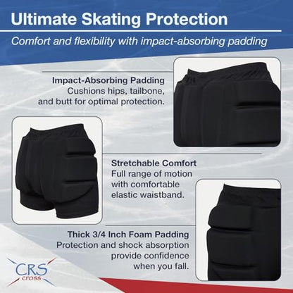 CRS Cross Padded Figure Skating Shorts. Crash Pad Pants for Hip / Tailbone | ¾” Padded Shorts for Roller, Inline, Ice Skating, Snowboarding and Skiing. Fall Impact Protection for Butt, Hips & Tailbone - size: Youth Medium