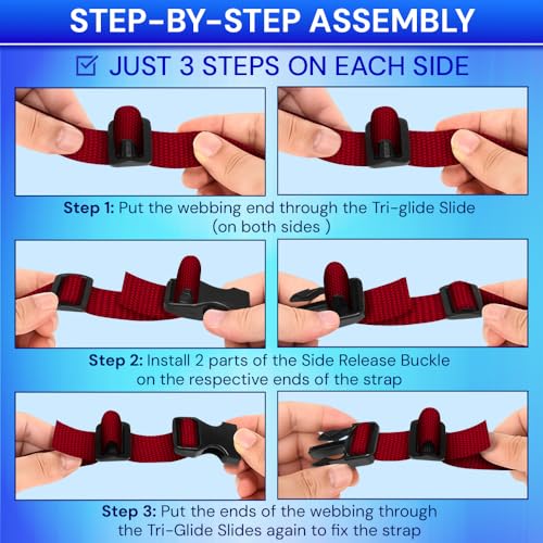 TECEUM 3/4" Nylon Strap Kit with Buckles, Red 6 yards Repair Set | Heavy duty hardware kit: 6yd webbing, 6 quick release buckles, 12 tri-glide slide clips, 6 metal D-rings for crafting. - color: Red, size: 3/4" - 6 yards, style: 6 Buckle - 12 Slides - 6 D