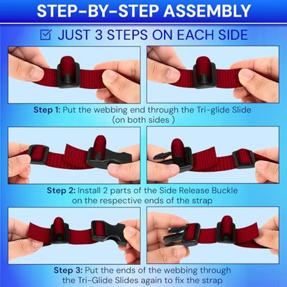 TECEUM 3/4" Nylon Strap Kit with Buckles, Red 6 yards Repair Set | Heavy duty hardware kit: 6yd webbing, 6 quick release buckles, 12 tri-glide slide clips, 6 metal D-rings for crafting. - color: Red, size: 3/4" - 6 yards, style: 6 Buckle - 12 Slides - 6 D