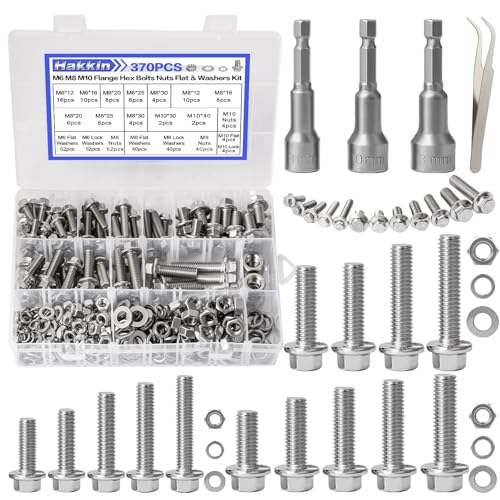 370PCS Metric Flange Bolt Assortment, M6x1.0, M8x1.25, M10x1.5 (12mm to 40mm) Hex Head Bolts and Nuts Assortment, Stainless Steel 304 Flange Bolts Nuts Washers Kit Hakkin, Hex Socket Included - size: Set 13: M6 M8 M10