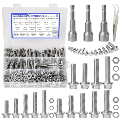 370PCS Metric Flange Bolt Assortment, M6x1.0, M8x1.25, M10x1.5 (12mm to 40mm) Hex Head Bolts and Nuts Assortment, Stainless Steel 304 Flange Bolts Nuts Washers Kit Hakkin, Hex Socket Included - size: Set 13: M6 M8 M10