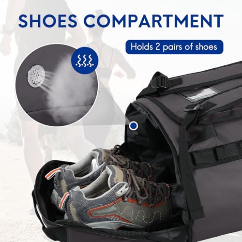 Haimont Duffel Backpack Bag 50L Water Repellent Sports Gym Bag Foldable Men Women with Shoe Compartment for Travel Hiking Camping Outdoor, Upgrade, Dark Grey - color: Army Grey