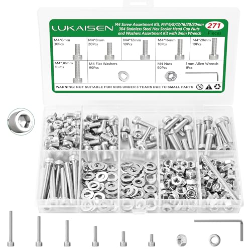 271 Pcs M4 Hex Socket Cap Screws Nuts Washers Wrench Kit, 304 SS | with Flat Washers & Wrench, Metric Fastener Set for Machinery, Brackets & Auto Repair, M4 x 6mm-30mm,Clear Label Storage Box - size: SS M4 271pcs 3
